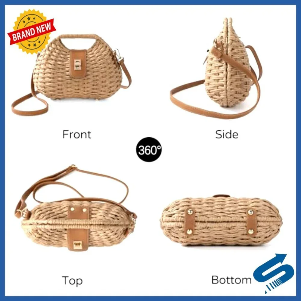 Boho Straw Crossbody Bag Adjustable Strap Handwoven Summer Beach Purse